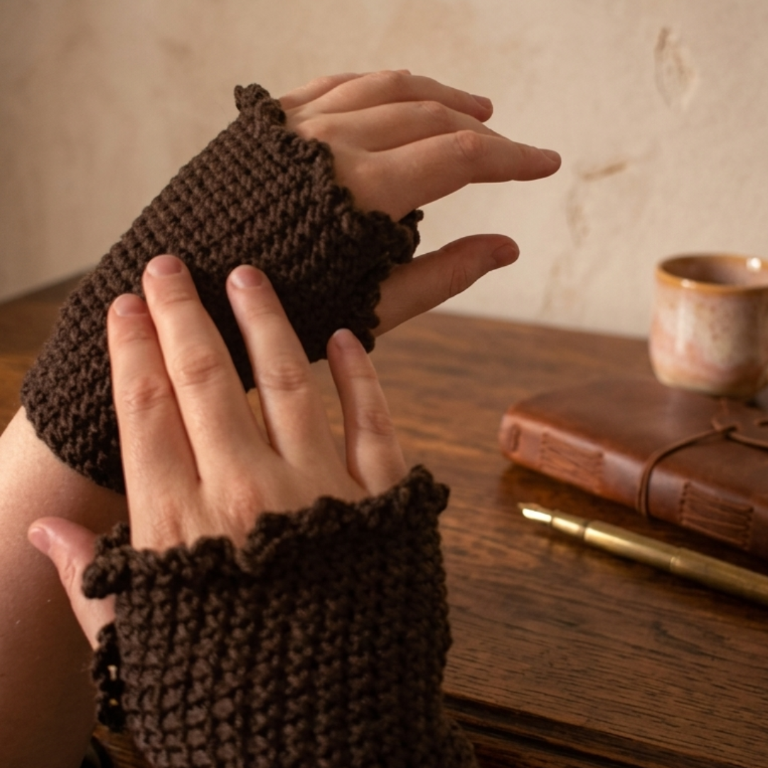 Brown knitted fingerless gloves worn on a hand with a wooden surface and book in the background-crestiq