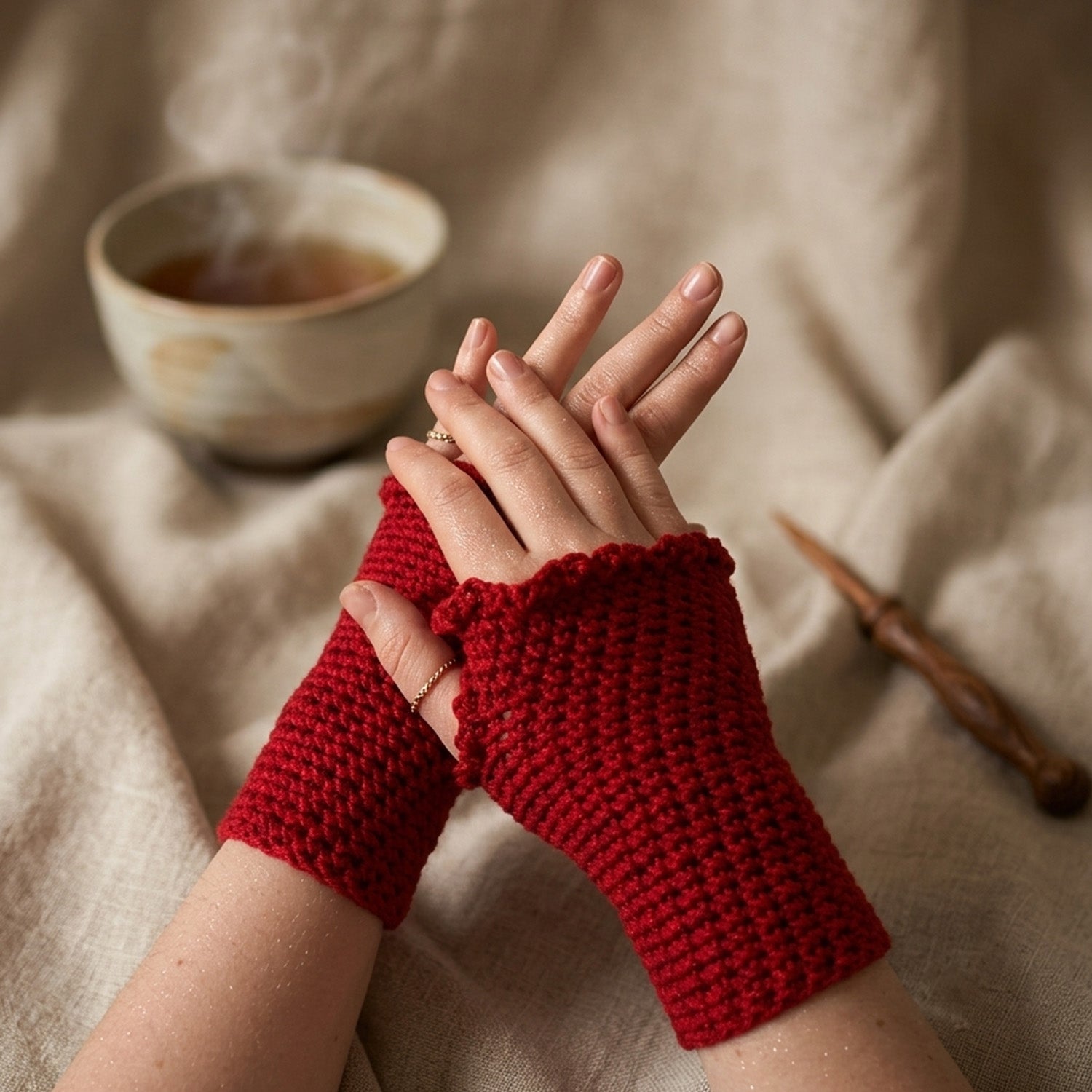 Red knitted fingerless gloves worn by a person with a cup of tea in the background-crestiq