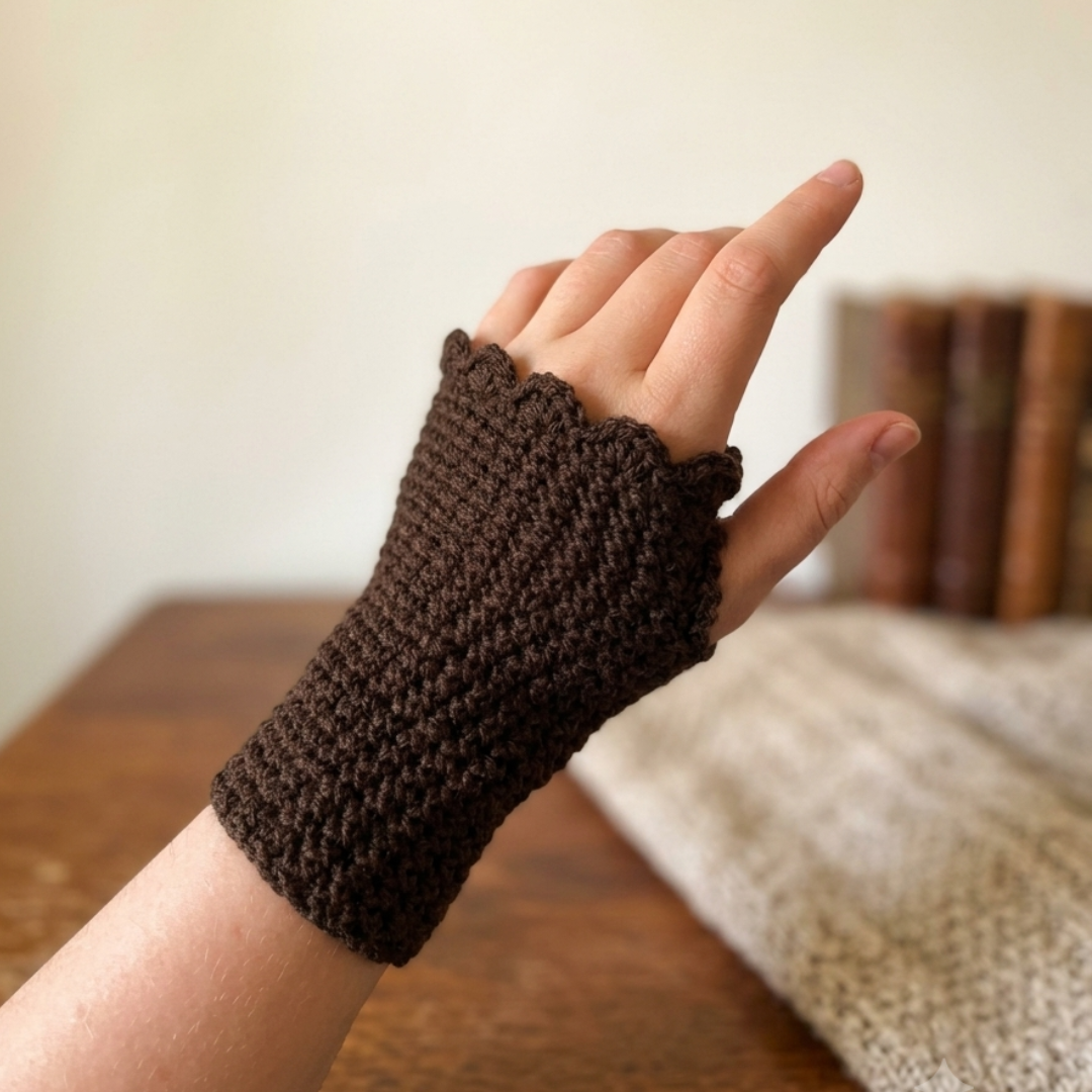 Brown knitted wrist warmer on a hand with a blurred background-crestiq