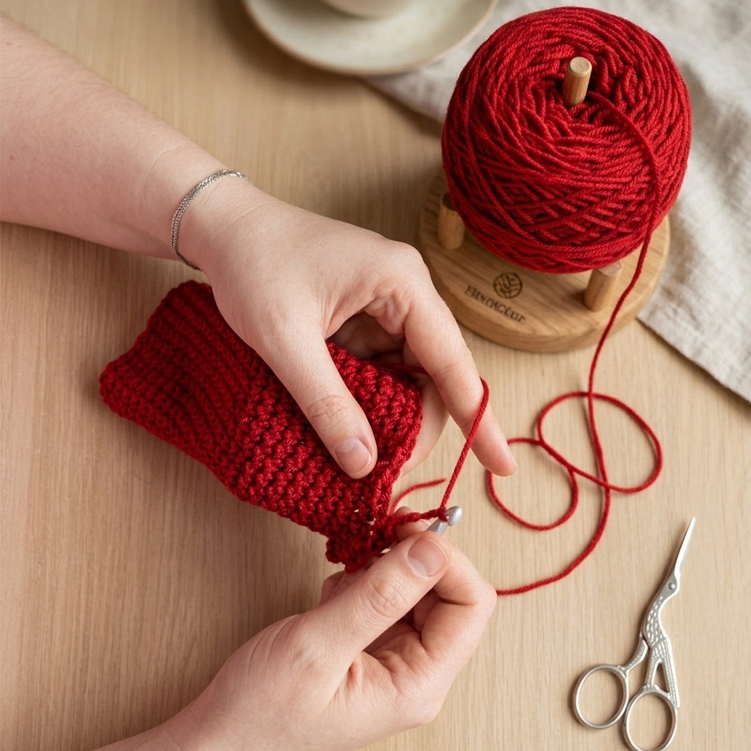 Person knitting a red item with yarn and scissors on a wooden surface- crestiq