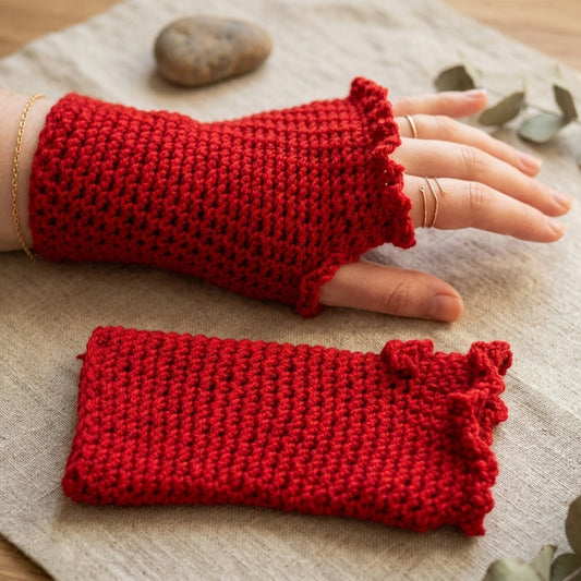 Red knitted fingerless gloves on a neutral fabric background-crestiq