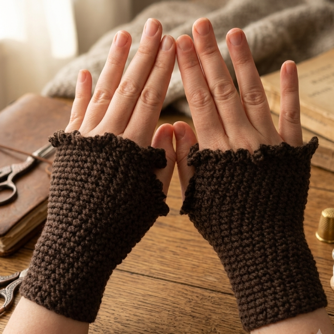 Brown knitted fingerless gloves worn on hands with a wooden surface and books in the background-crestiq
