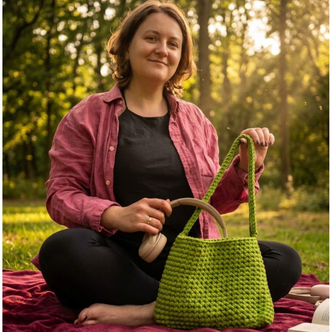Woman holding a green crocheted bag outdoors in a park-crestiq