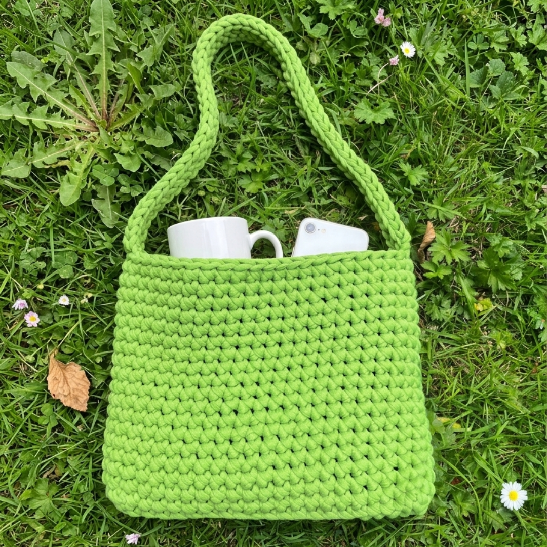 Green crochet bag with a white mug on grass-crestiq